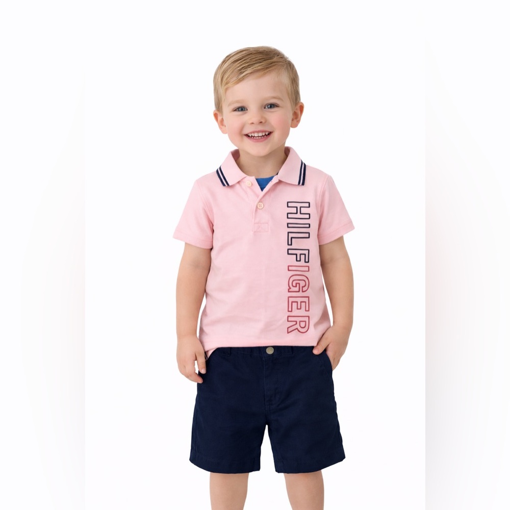 Tommy Hilfiger Boys 3T Pink Logo Polo Navy Shorts 2-Piece Outfit Set